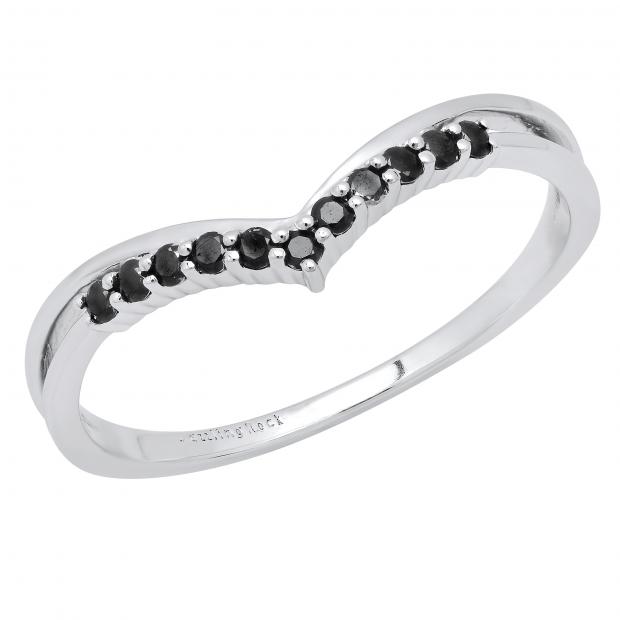 0.15 Carat (ctw) Round Black Diamond Ladies Chevron Wedding Band Sterling Silver
