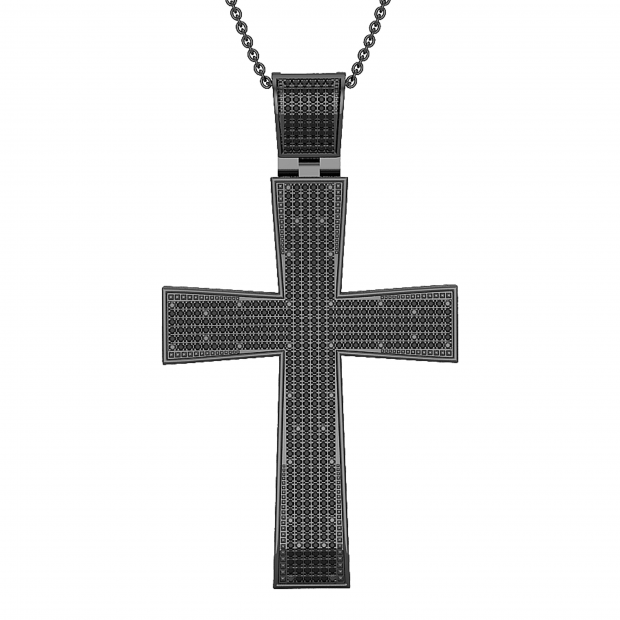 0.90 Carat (ctw) Round Black Diamond Mens Religious Cross Pendant, Black Plated Sterling Silver