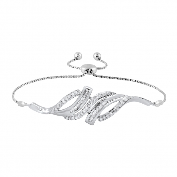 0.25 cttw Baguette & Round White Diamond Swirl Bolo Bracelet for Women in 925 Sterling Silver