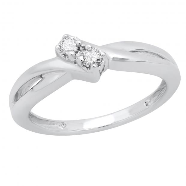 0.06 Carat (ctw) Round White Diamond Ladies Bypass Two Stone Engagement Ring 925 Sterling Silver