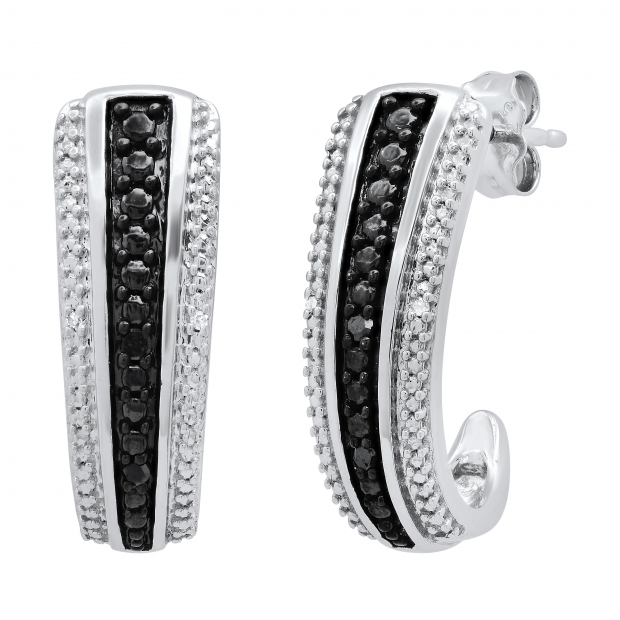 Round Black & White Diamond Accent Ladies J Shape Hoop Earrings Sterling Silver