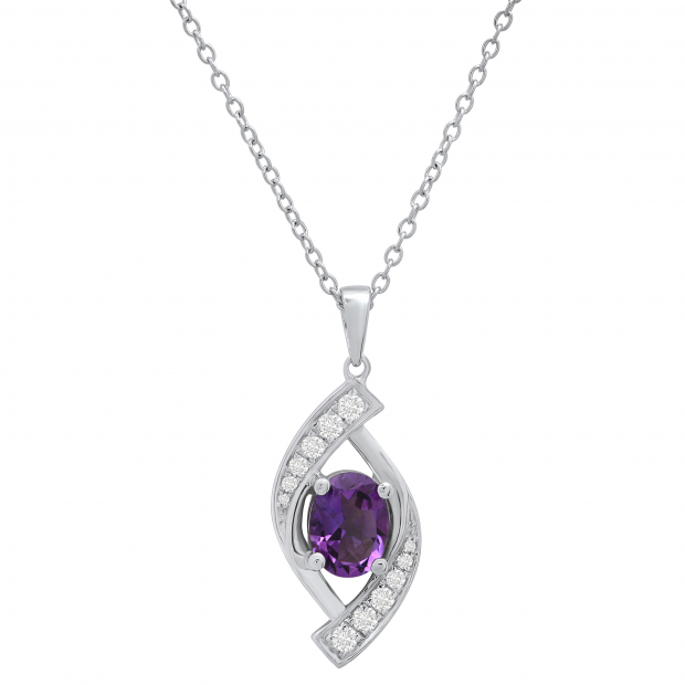 8X6 MM Oval Amethyst & Round Diamond Ladies Flame Pendant (Gold Chain Included), 10K White Gold