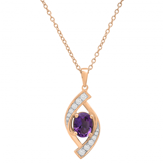 8X6 MM Oval Amethyst & Round Diamond Ladies Flame Pendant (Gold Chain Included), 18K Rose Gold