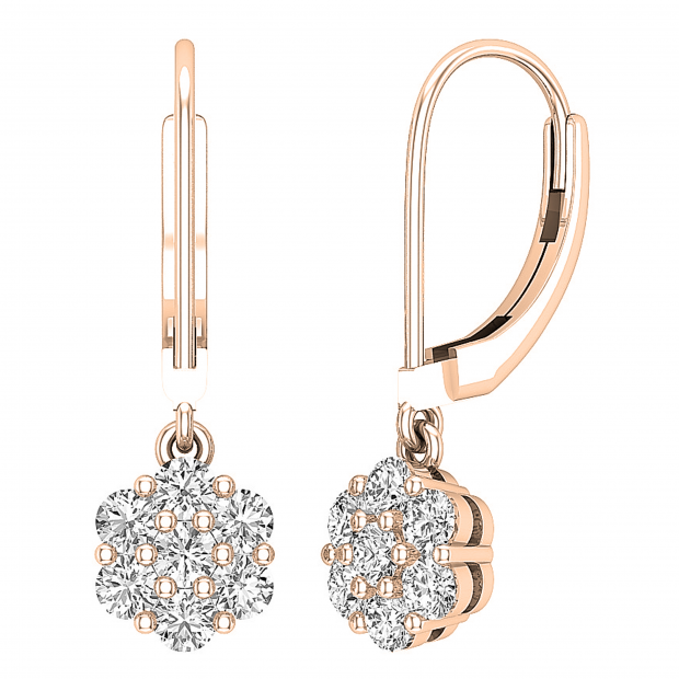 0.95 Carat (ctw) Round White Diamond Ladies Cluster Dangle Earrings 1 CT 18K Rose Gold