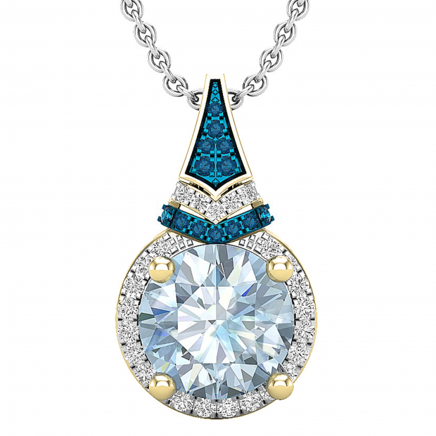 9 MM Round Blue Topaz, Round Blue & White Diamond Ladies Halo Pendant, 18K Yellow Gold