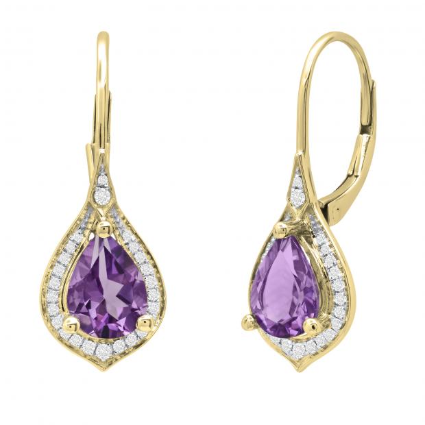 8X6 MM Pear Amethyst & Round White Diamond Ladies Teardrop Earrings 18K Yellow Gold