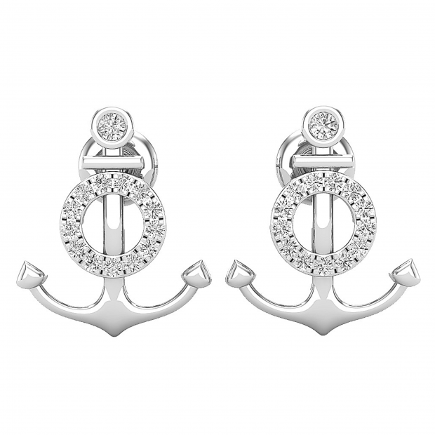 0.14 Carat (ctw) Round White Diamond Ladies Anchor Stud Earrings 14K White Gold