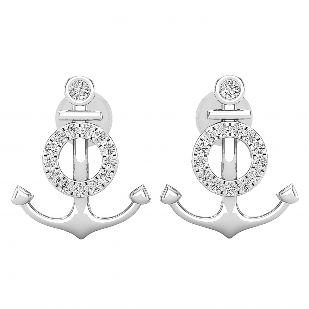0.14 Carat (ctw) Round White Diamond Ladies Anchor Stud Earrings Sterling Silver