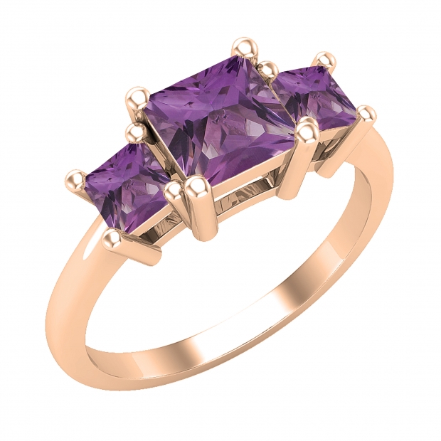 Princess Amethyst Ladies Bridal 3 Stone Engagement Ring 18K Rose Gold