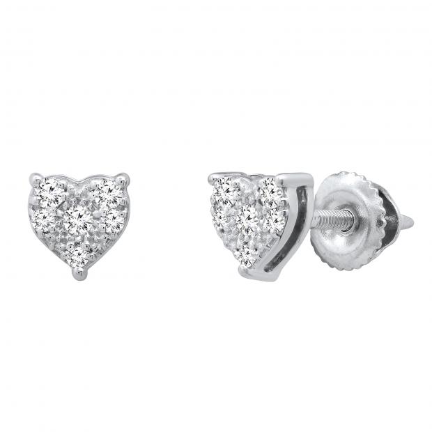 0.15 Carat (ctw) Round White Diamond Ladies Heart Shape Stud Earrings Sterling Silver