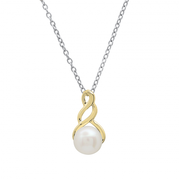 7 MM Round White Freshwater Pearl Ladies Swirl Pendant (Silver Chain Included), 10K Yellow Gold