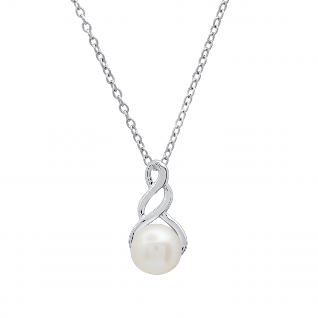 7 MM Round White Freshwater Pearl Ladies Swirl Pendant (Silver Chain Included), 18K White Gold