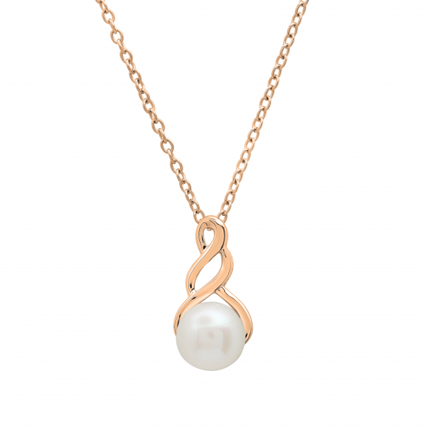 7 MM Round White Freshwater Pearl Ladies Swirl Pendant (Gold Chain Included), 14K Rose Gold