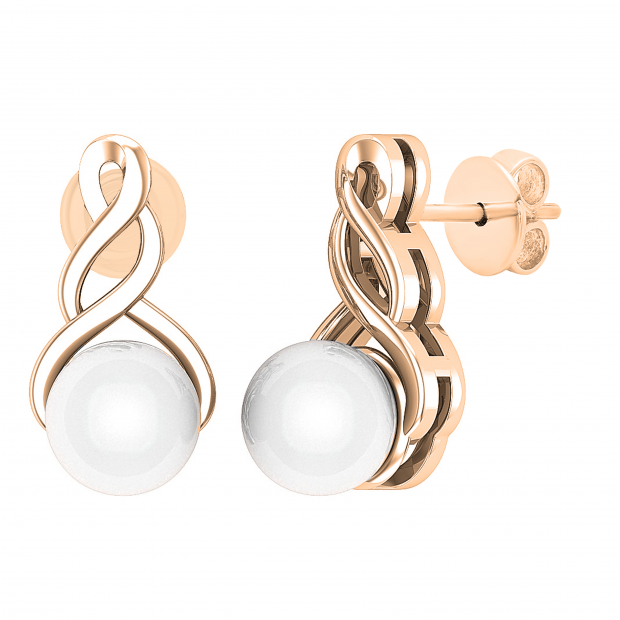 7 MM Each Round White Freshwater Pearl Ladies Swirl Stud Earrings 18K Rose Gold
