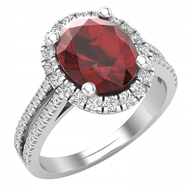 10X8 mm Oval Garnet & Round White Diamond Ladies Halo Style Engagement Ring Sterling Silver