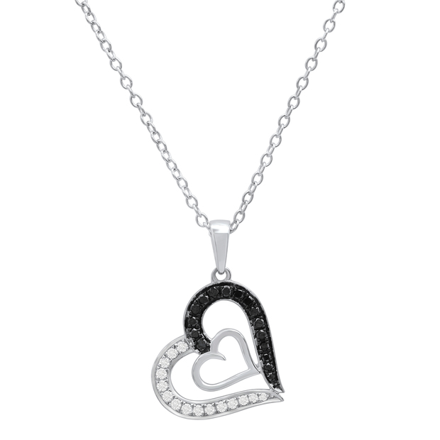 0.30 Carat (ctw) Round Black & White Diamond Ladies Double Heart Pendant 1/3 CT Sterling Silver