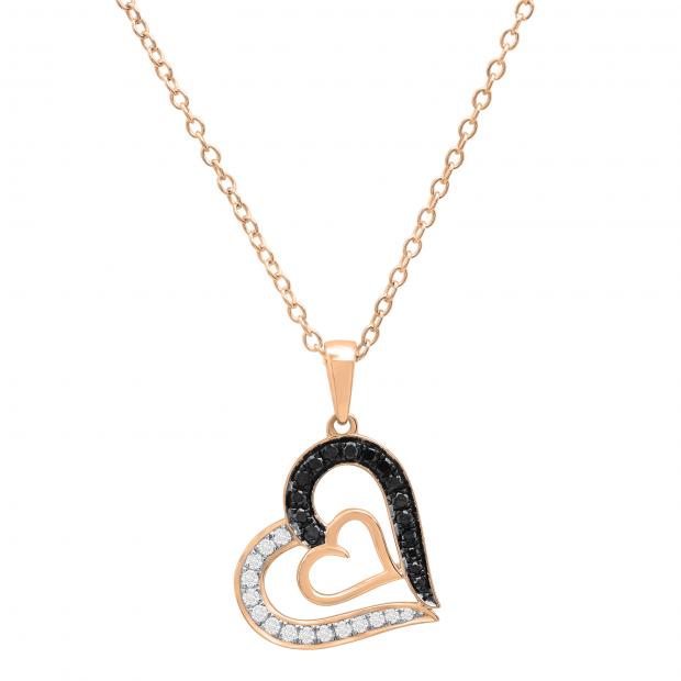 0.30 Carat (ctw) Round Black & White Diamond Ladies Double Heart Pendant 1/3 CT 18K Rose Gold