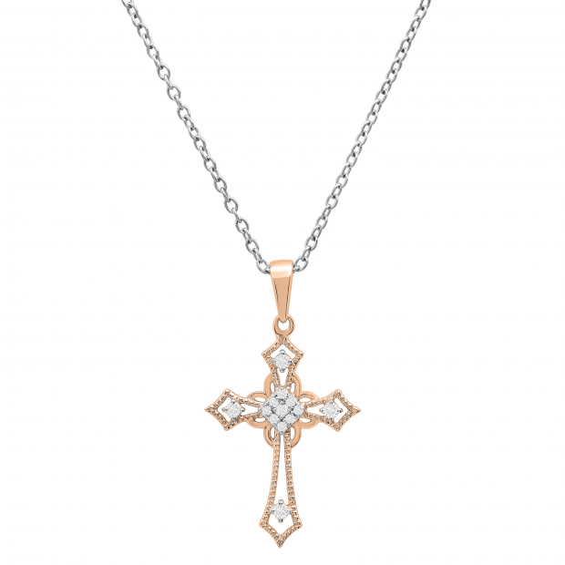 0.10 Carat (ctw) Round White Diamond Ladies Cross Religious Pendant 1/10 CT 10K Rose Gold