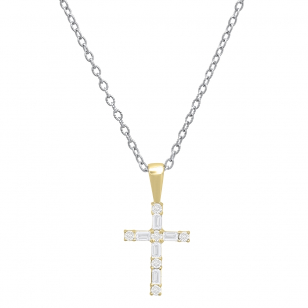 0.25 Carat (ctw) Round & Baguette Diamond Ladies Cross Religious Pendant 1/4 CT, 10K Yellow Gold