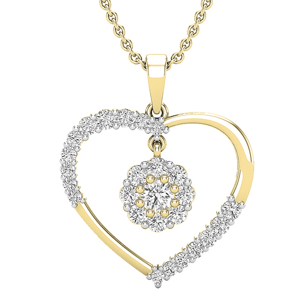 1.00 Carat (ctw) Round White Diamond Ladies Heart Pendant 1 CT 10K Yellow Gold