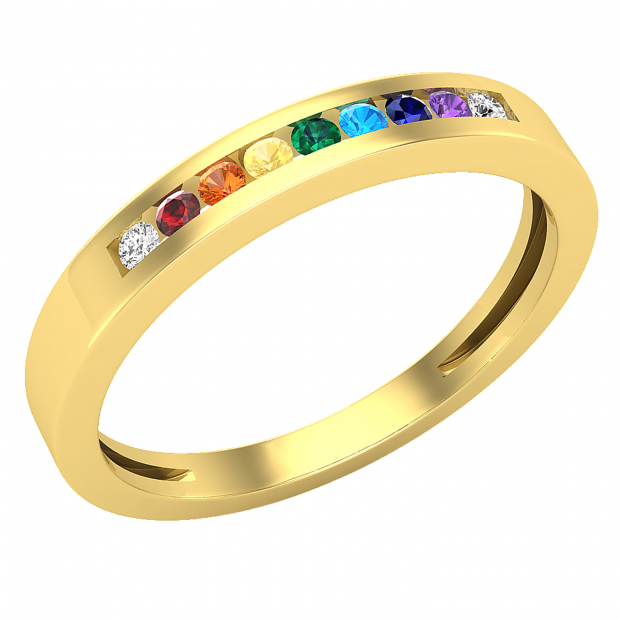 Round Nine Multi Color Stone Ladies Stackable Anniversary Wedding Band, 10K Yellow Gold