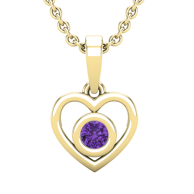 Round Amethyst Ladies Solitaire Heart Pendant (Gold Chain Included) 14K Yellow Gold
