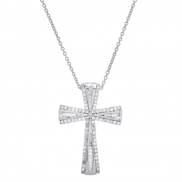 0.50 Carat (ctw) Round & Baguette Diamond Ladies Cross Religious Pendant 1/2 CT, Sterling Silver