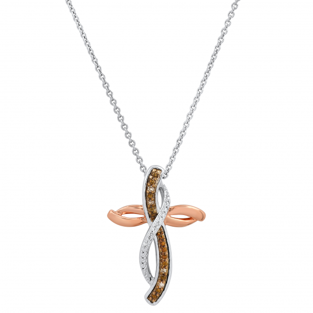 Ladies Cross Pendant with Round Diamond Accents, White & Rose Gold Plated Two Tone Sterling Silver