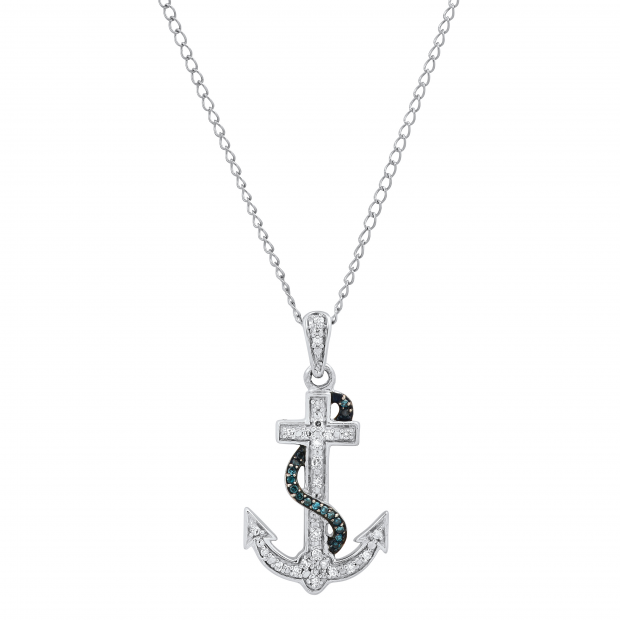 0.10 Carat (ctw) Round White & Blue Diamond Ladies Anchor Pendant 1/10 CT Sterling Silver