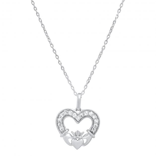 0.10 Carat (ctw) Round Diamond Ladies Irish Claddagh Heart Love Pendant 1/10 CT Sterling Silver