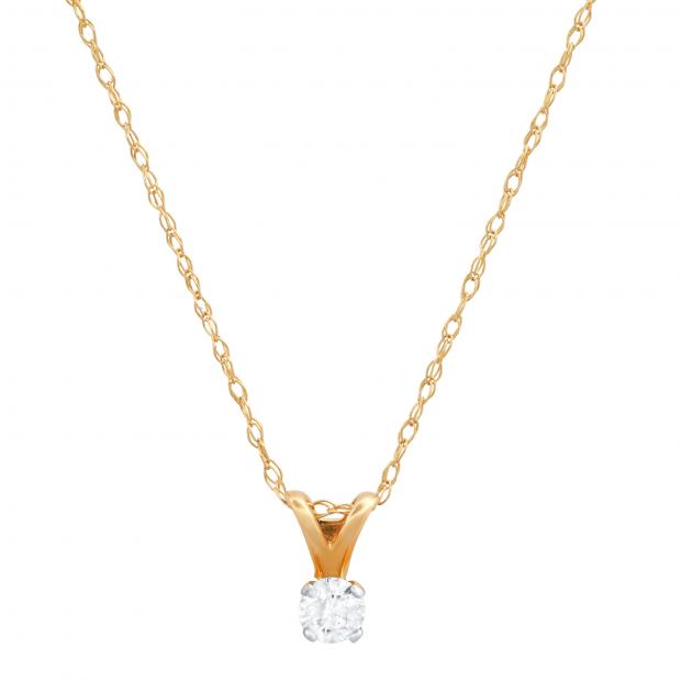 0.10 Carat (ctw) Round White Diamond Ladies Solitaire Pendant 1/10 CT 14K Yellow Gold