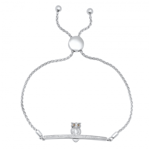 Ladies Owl on Branch Bolo Bracelet with Round Diamond Accents Sterling Silver