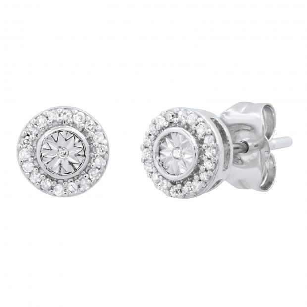 0.10 Carat (ctw) Round White Diamond Ladies Illusion Set Stud Earrings 1/10 CT Sterling Silver