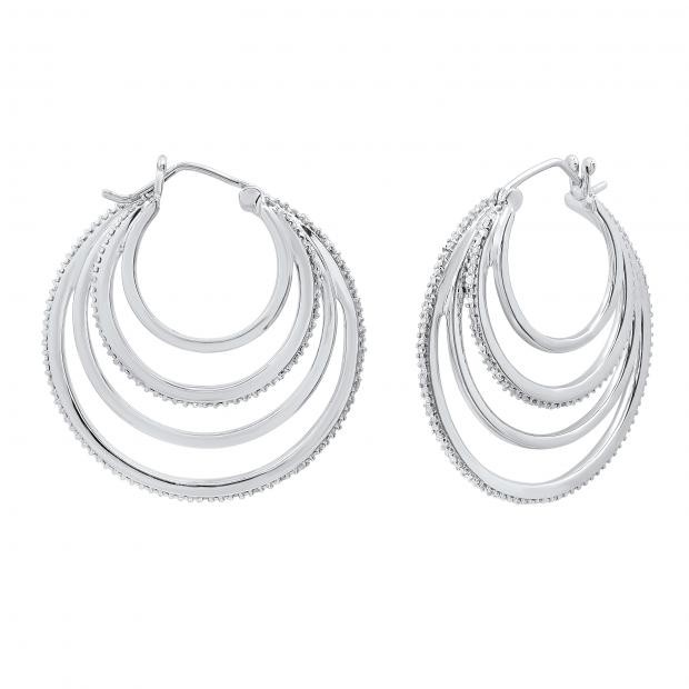 Ladies Round Shape Hoop Earrings with Round White Diamond Accents Sterling Silver