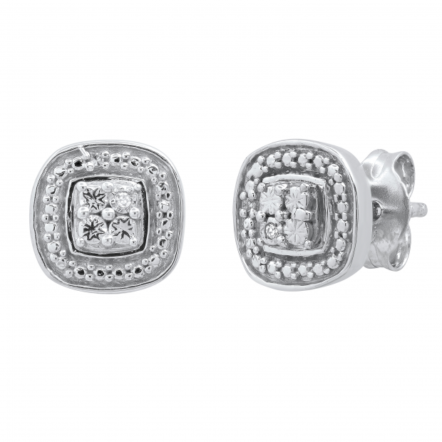 Ladies Cushion Shape Beaded Stud Earrings with Round Diamond Accents Sterling Silver