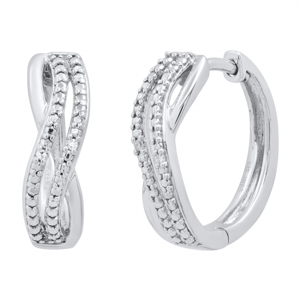 Ladies Swirl Style Hoop Earrings with Round Diamond Accents Sterling Silver