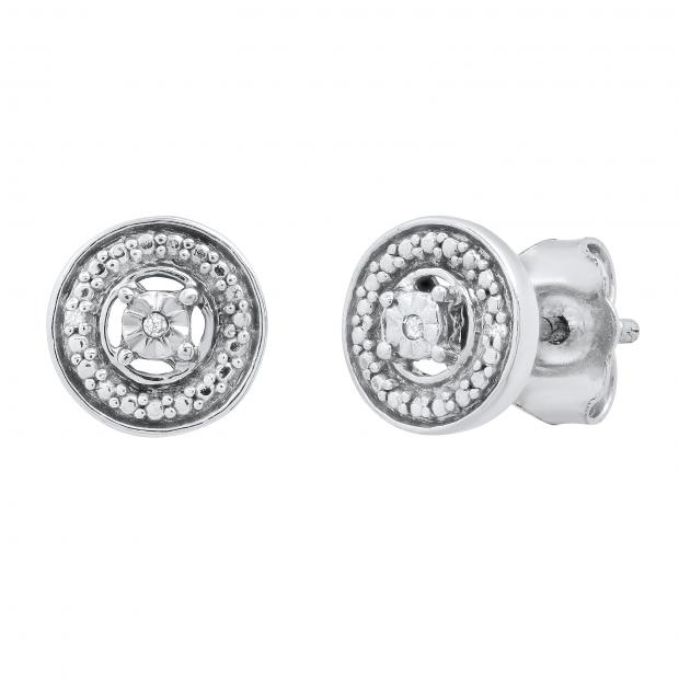 Ladies Round Shape Beaded Stud Earrings with Round Diamond Accents Sterling Silver