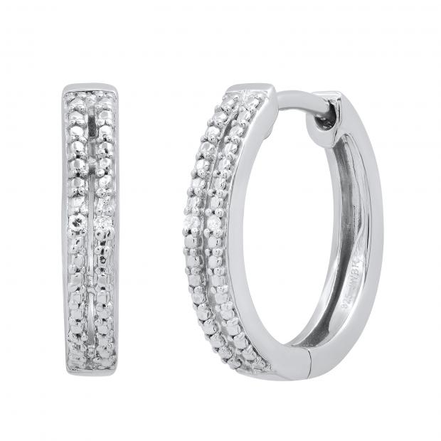 Ladies Double Row Huggies Hoop Earrings with Round Diamond Accents Sterling Silver