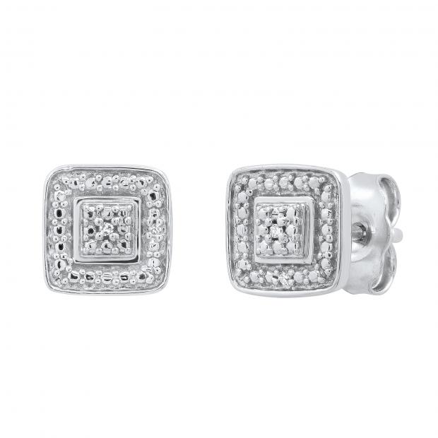 Ladies Square Shape Beaded Stud Earrings with Round Diamond Accents Sterling Silver