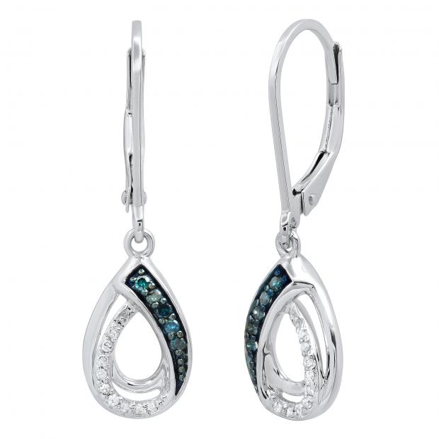 0.12 Carat (ctw) Round Blue & White Diamond Ladies Dangle Teardrop Earrings 14K White Gold