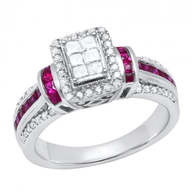 Princess Ruby with Round & Princess White Diamond Ladies Engagement Ring Sterling Silver