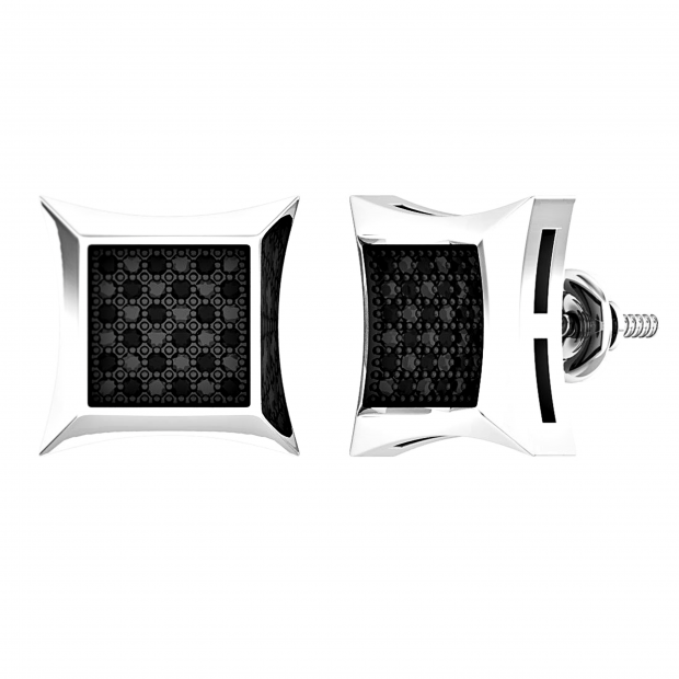 0.10 Carat (ctw) Round Black Diamond Kite Shape Mens Hip Hop Stud Earrings 1/10 CT Sterling Silver