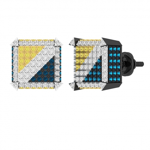 0.90 Carat (ctw) Round White Blue & Yellow Diamond Mens Hip Hop Stud Earrings 925 Sterling Silver