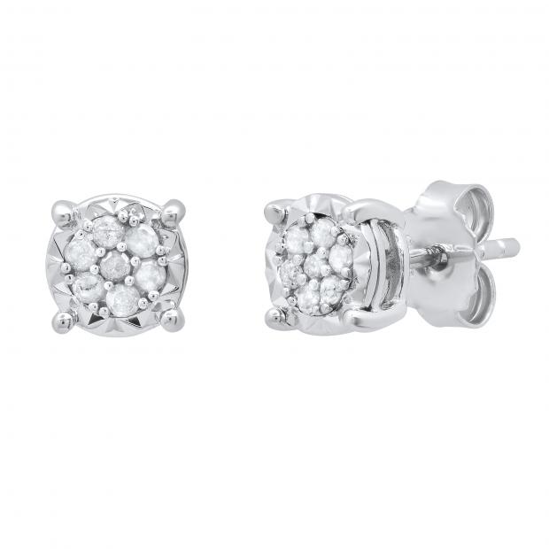 0.10 Carat (ctw) Round White Diamond Ladies Cluster Flower Stud Earrings 1/10 CT Sterling Silver