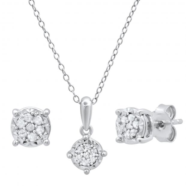 0.25 Carat (ctw) Round Diamond Ladies Cluster Style Earring & Pendant Set 1/4 CT Sterling Silver