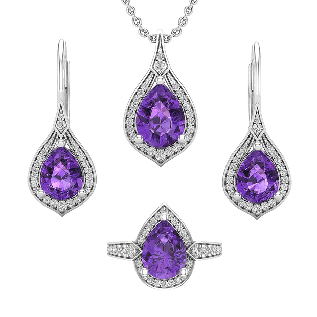 Pear Amethyst & Round White Diamond Ladies Teardrop Earrings Pendant & Ring Set 925 Sterling Silver