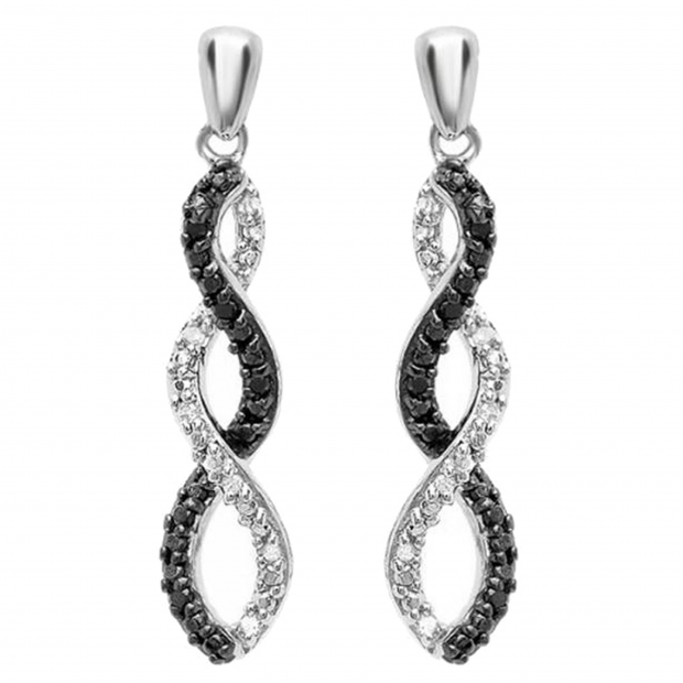 0.10 Carat (ctw) Round Black & White Diamond Ladies Dangling Earrings 1/10 CT 925 Sterling Silver