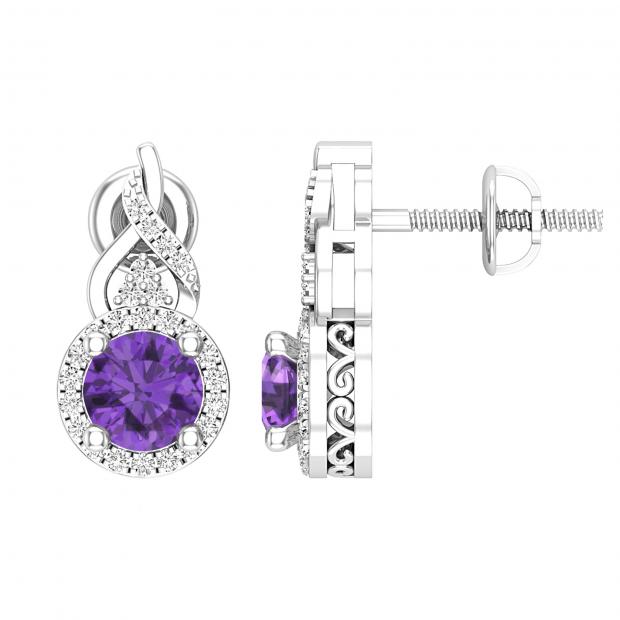 5 MM Round Amethyst & White Diamond Ladies Infinity Dangling Earrings 14K White Gold