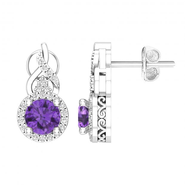 5 MM Round Amethyst & White Diamond Ladies Infinity Dangling Earrings 925 Sterling Silver