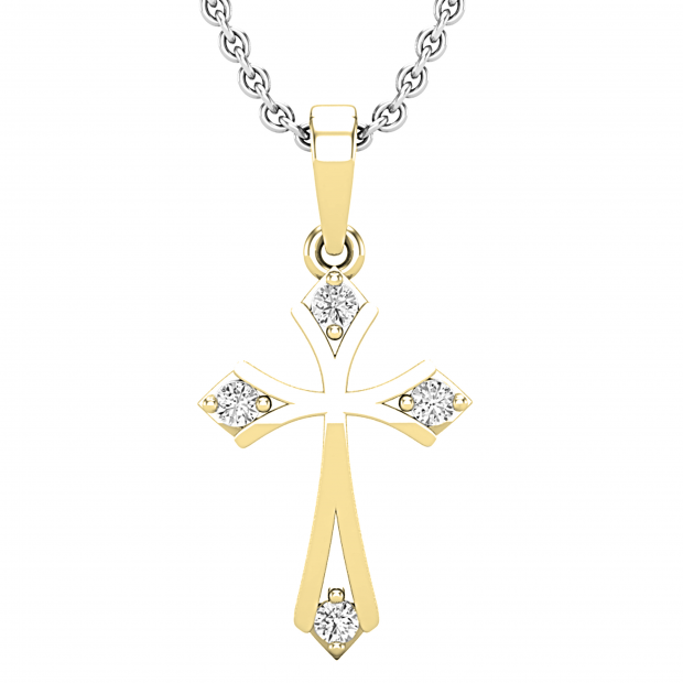 0.10 Carat (ctw) Round White Diamond Ladies Cross Pendant 1/10 CT 18K Yellow Gold